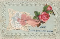 an old fashioned greeting card with pink roses on the front and white crochet doily