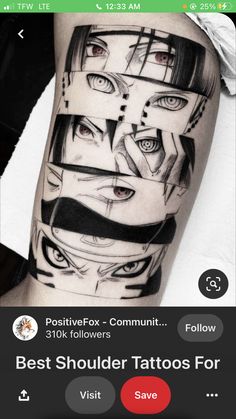 a person with a tattoo on their leg that has many different faces and lines in it