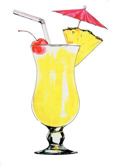 a watercolor drawing of a yellow drink with two umbrellas and a cherry on the top