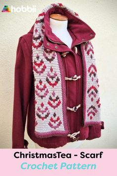 a red jacket with hearts on it and the words christmastea scarf crochet pattern