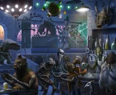 several alien creatures are eating in a room full of lights and other things on the ceiling