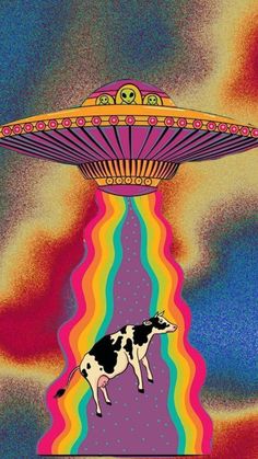 an image of a cow standing in front of a flying saucer over a rainbow colored background