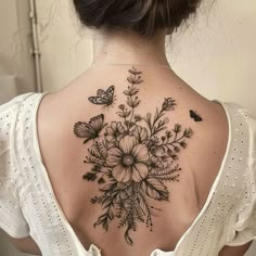 Bold Back Tattoos For Women Tattoo Flash Set Flower Tattoos Upper Back, Feminine Tattoo Cover Up, Clavicle Shoulder Tattoo, Back Coverup Tattoos For Women, Grow In Grace Tattoo, Shoulder Collar Bone Tattoo For Women, Lower Spine Tattoos For Women, Women Side Tattoos, Cow Tattoo With Flowers