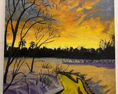 a painting of a sunset over a lake with trees and snow in the foreground