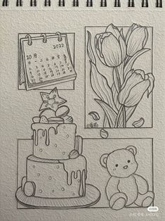 a drawing of a cake with flowers and a teddy bear