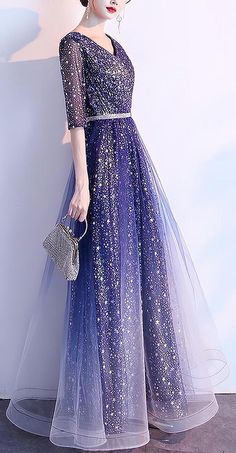 Blue Glitter Formal Gown With Fitted Sleeves (Stunning) Blue Tulle Dress For Party, Blue Tulle Party Dress, Glamorous Royal Blue Evening Dress For Prom, Blue Evening Gown For Banquet, Holiday Prom Dresses In Dressy Style, Dressy Holiday Prom Dresses, Royal Blue Floor-length Evening Dress For Prom, Blue Evening Dress For Prom Season, Sparkling Gown For Prom