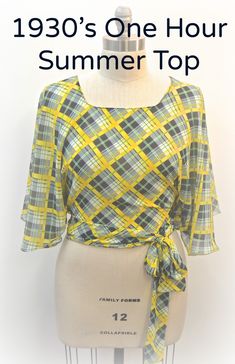 a mannequin wearing a yellow and black plaid top with the words, 1950's one hour summer top