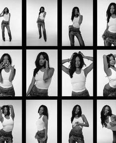 a series of black and white photos of women in various poses with their hands on their hipss