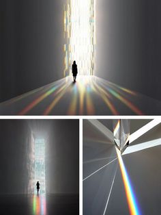 four different shots of a person walking through a room with light coming from the window