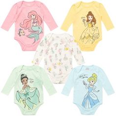 Give your little one the gift of Disney magic with this cute and comfy Disney 5 Pack Bodysuits! These stylish clothes feature adorable artwork of the Disney characters you love from iconic movies like The Aristocats, Bambi, Dumbo, and 101 Dalmatians. Watch unforgettable scenes and worlds from your favorite Disney animated movies come to life through your child’s joyful experience of these timeless classics. Wearing this Disney Classics Long Sleeve Bodysuit, your child will shine as they create f Disney Baby Clothes, Disney Princess Rapunzel, Newborn Baby Girls, Disney Animated Movies, One Piece Clothing, Disney Princess Ariel, Princess Ariel, Classic Disney