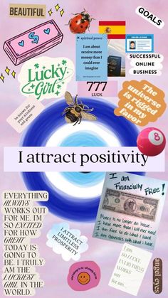 a poster with words and pictures on it that say i attract positivity