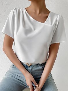 Blanco Casual Collar manga corta Tela tricotada Liso Top Embellished No-Elástico Verano Ropa de Mujer Love Jeans, Blouse Casual, Puff Sleeve Blouse, V Neck Blouse, Fashion Online Shop