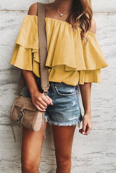 Yellow Soft Breeze Frilling Off-shoulder Top Puff Sleeves Blouse, Yellow Soft, Striped Short Sleeve Shirt, Casual Summer Tops, Tops Casual, Ruffle Shorts, Loose Blouse, Tunic Shirt, Off Shoulder Tops