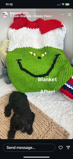 a dog laying on top of a bed next to a green pillow with a smiling face