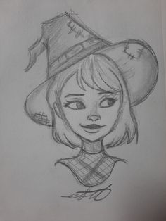 a drawing of a girl wearing a witches hat