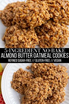 no bake almond butter oatmeal cookies on a white plate with text overlay