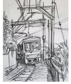 a black and white drawing of a train coming down the tracks at a station with power lines above it