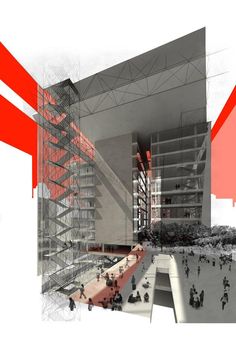 an architectural rendering of a building with red and white lines on the walls, while people are walking around