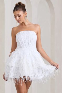 Little Wish White Sequin Lace Strapless Mini Dress With Feathers – Club L London - USA Mini Dress With Feathers, Dress With Feathers, Structured Corset, Pregnant Wedding, Sleek Bun, Black Dress Prom, Black Tie Gala, Lace Bandeau, Corset Bodice