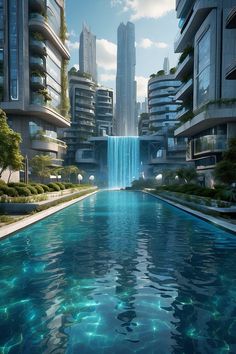 a large pool in front of some tall buildings with water running down it's sides