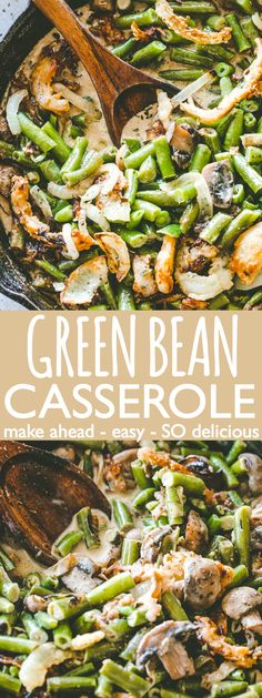 green bean casserole with mushrooms and asparagus in a cast iron skillet