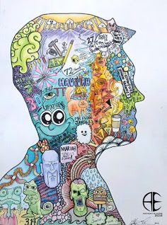 a drawing of a man's head with many different things on it