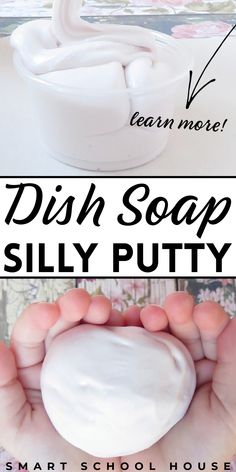 two photos with the words dish soap silly putty in front of them and an image of