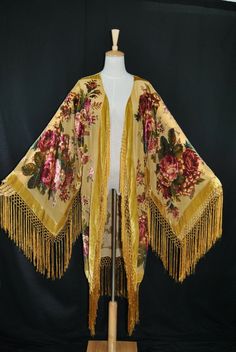 Art to Classic  Golden Color Fringe Jacket Burnout Velvet Coat Kimono Duster Velvet Fringe Kimono, Velvet Fringe, Opera Coat, Fringe Kimono, Kimono Duster, Burnout Velvet, Velvet Coat, Fringe Jacket, Rock'n Roll