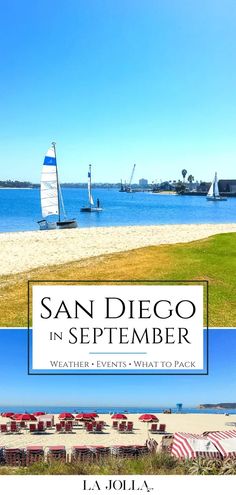 the san diego beach with sailboats in the background and text overlaying it