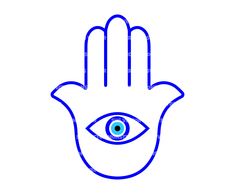 a hand with an eye drawn on it, and the word hamsa written in blue