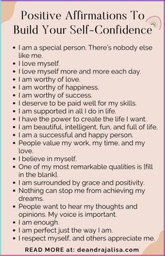 a pink poster with the words positive affirmations to build your self - confidence