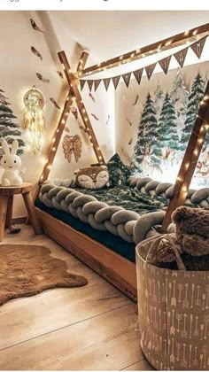 a bedroom decorated for christmas with lights and decorations