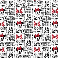 minnie mouse fabric with red and black polka dots on white, featuring the words i love my