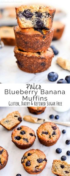 blueberry banana muffins stacked on top of each other with text overlay