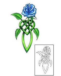 a blue rose with green leaves is shown in the shape of a celtic knot on a white background