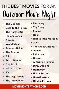 the best movies for an outdoor movie night with text overlay that reads,'the best movies for an outdoor movie night '