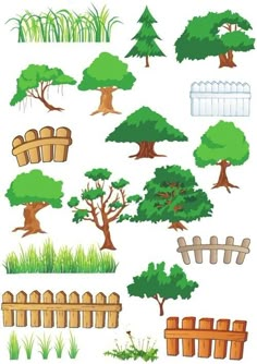 various types of trees and fences