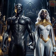 two black superheros standing next to each other in front of a building with gold accents