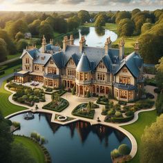 an aerial view of a large mansion with a pond in the foreground and lots of trees surrounding it