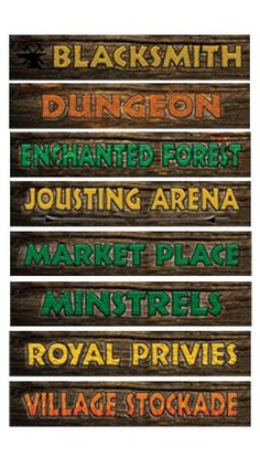 four wooden signs with different types of words on them, including the names of various towns and