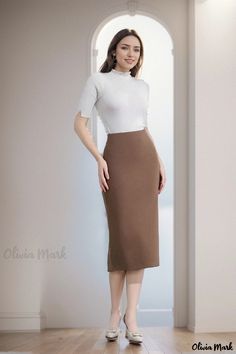 Olivia Mark - High-Waisted Midi Skirt, Bodycon Skirt, Pencil Skirt, Dress Skirt, Long Skirt Long Grey Skirt, Long A Line Skirt, Skirts Ideas, Grey Maxi Skirts, Skirt Bodycon, Long Flowy Skirt, Charcoal Clothing, Blouse Casual Fashion, Smart Dressing