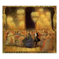 a painting of people dressed in fancy clothing and chandeliers, all looking at each other