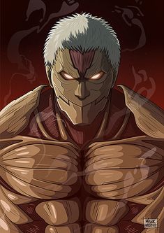 an anime character with big muscles and white hair, in front of a red background