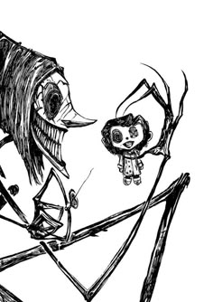 a black and white drawing of a skeleton with a doll in it's mouth