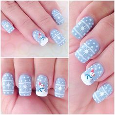 Snowmen Nail Designs, Snowmen Nails, Snowy Nails, Snowman Nail, Snowman Nail Art, Blue Christmas Nails, Snow Nails, Snowman Nails, Easy Designs