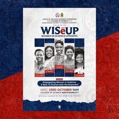 a poster for the women in science up event on red, white and blue paper