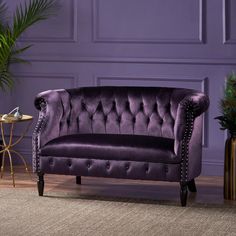 a purple couch sitting on top of a wooden floor next to a potted plant