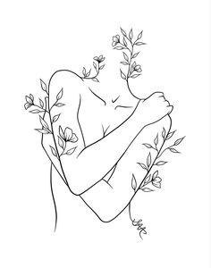 a black and white drawing of a woman holding a branch with flowers in her arms