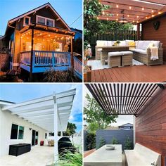 four pictures show different types of outdoor furniture and lighting on the deck, covered in lights