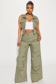 Available In Olive. Pant Set Vest Sleeveless Collar Zip Front Pockets Wide Leg Pant Button And Zipper Closure Cargo Pockets Partial Elastic Waistband Non-Stretch Inseam: 32 1/2" 68% Cotton 30% Polyester 2% Spandex Imported | Kailani Pant Set in Olive Green size Small by Fashion Nova Green Army Pants Outfit, Zipper Outfit, Olive Pants, Matching Sets Outfit, Cargo Pants Outfit, Khaki Fashion, Curve Dresses, Mens Activewear, Matching Dresses